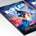Roller skating flyer template with vibrant city lights and energetic skaters, ideal for a roller skating night party promotion.