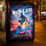 Night-themed roller skating flyer template showcasing a skater against a neon cityscape, great for attracting attendees to a roller skating event.