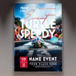 Speedy Turtle flyer template featuring a turtle on a race track, promoting a fun and unique racing event.