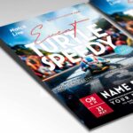 Vibrant Speedy Turtle flyer template with a turtle wearing a racing helmet, perfect for promoting fun and family-friendly events.