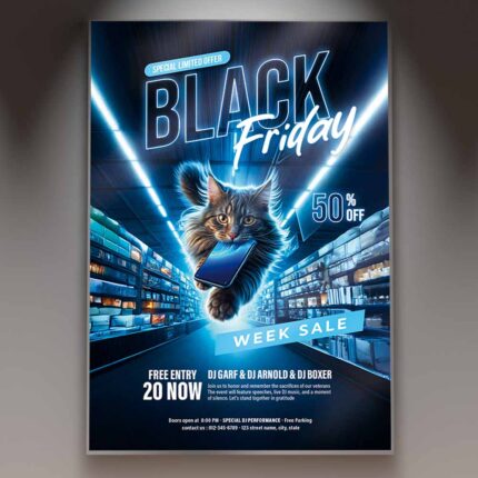 Black Friday Night event flyer showcasing bold sale announcements and festive night-time theme.