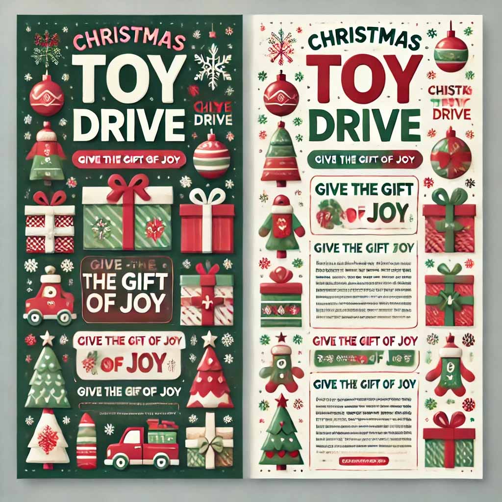 Christmas Toy Drive PSD Template flyer design showcasing festive holiday colors and elements.