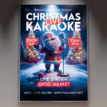 Editable PSD flyer for promoting a Christmas karaoke party with colorful decorations.