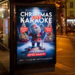 Festive Christmas karaoke flyer featuring microphones, snowflakes, and musical notes.