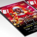 Editable flyer for a Christmas party featuring holiday decorations and a snowy backdrop.