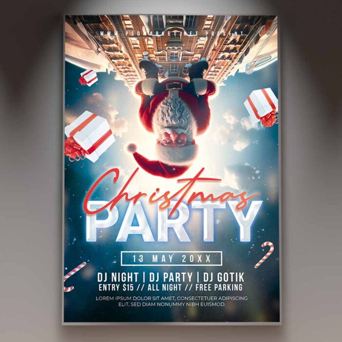 Festive Christmas party flyer with Santa Claus and holiday decorations.