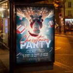 Holiday party flyer with sparkling lights and Santa for a Christmas celebration.