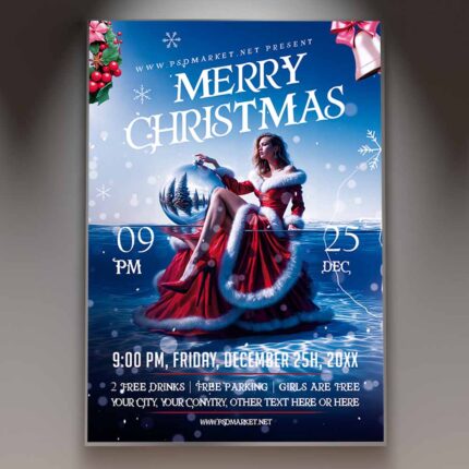Merry Christmas girl flyer with festive elements like holly and gift boxes, perfect for holiday promotions.