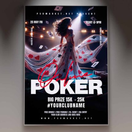 Online Poker Flyer Template showcasing vibrant graphics and poker-themed designs for virtual events.