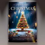 A festive flyer featuring a Christmas food tree with holiday decorations like ornaments and snowflakes.