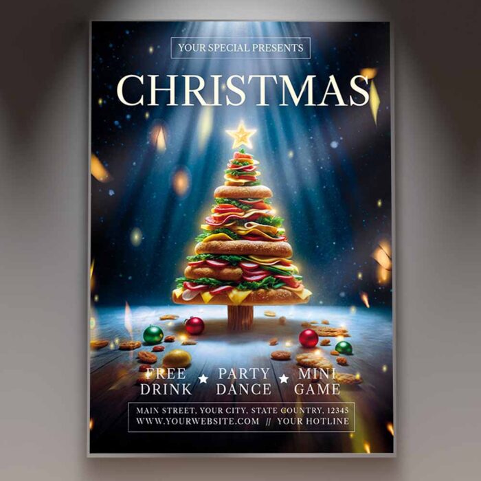 A festive flyer featuring a Christmas food tree with holiday decorations like ornaments and snowflakes.