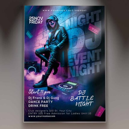 Vibrant flyer for DJ event featuring neon lights and bold typography.