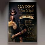 Gatsby Night flyer design featuring gold and black colors with art deco elements.