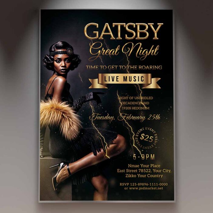 Gatsby Night flyer design featuring gold and black colors with art deco elements.
