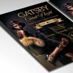 Opulent Gatsby Party flyer with geometric patterns and luxurious gold accents.