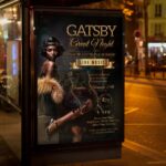 Elegant flyer for Gatsby-themed event with vintage typography and luxurious design.