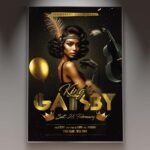 Elegant Gatsby-themed flyer with gold and black art deco design elements.
