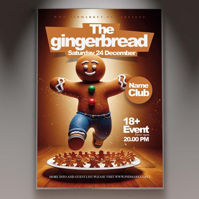 Gingerbread-themed flyer featuring festive illustrations of gingerbread men, snowflakes, and holiday decorations.