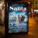 Holiday flyer with vibrant colors and Santa Claus imagery promoting a Christmas event.