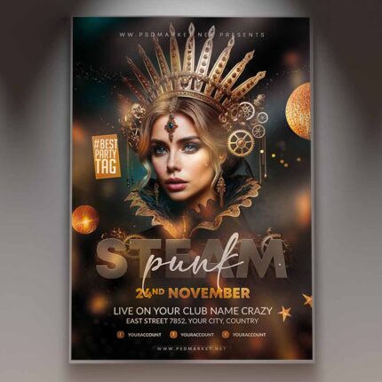 Steampunk flyer design featuring gears, vintage elements, and a retro-futuristic style.