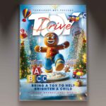 Toy Drive flyer featuring colorful holiday decorations, toys, and a gift box illustration.
