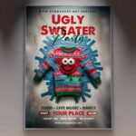 Ugly sweater party flyer featuring festive graphics and colorful design elements.