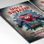Editable flyer template for an ugly sweater party with snowflakes and playful text.