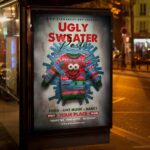 Quirky and fun ugly sweater party flyer with bold typography and holiday icons.