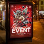 Cupid-themed flyer with vibrant colors and romantic visuals for a love event.
