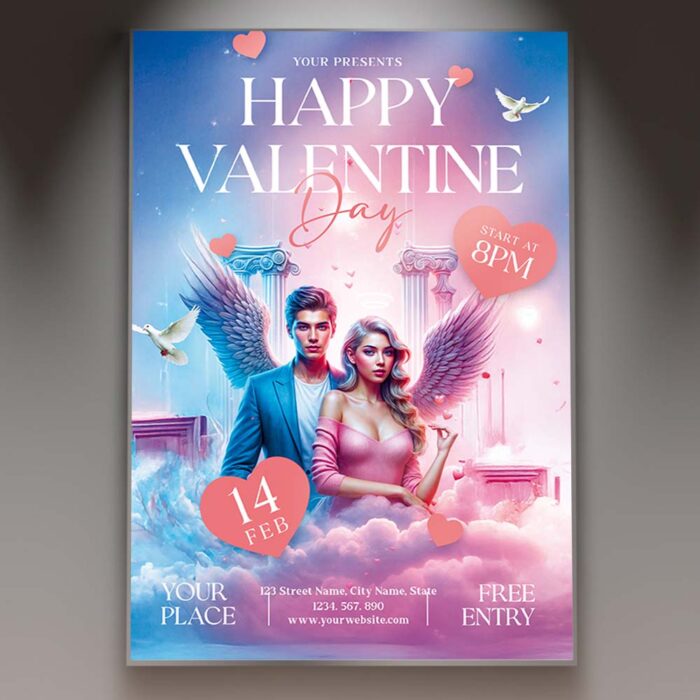 Valentine's event flyer design featuring hearts, flowers, and a romantic color palette.