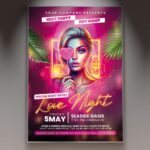 Bold Hot Love Night flyer with red and black colors, featuring heart graphics.