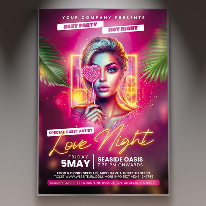 Bold Hot Love Night flyer with red and black colors, featuring heart graphics.