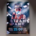 Steampunk flyer design with gears, cogs, and Victorian-era mechanical elements.