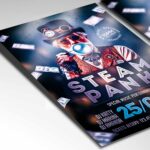 Industrial-themed flyer featuring retro-futuristic clockwork and vintage steam elements.
