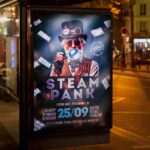 Detailed steampunk-inspired flyer with a mix of gears, pipes, and Victorian artwork.