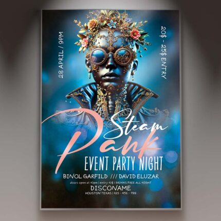 Steampunk event flyer with Victorian design elements, featuring gears, cogs, and brass tones.