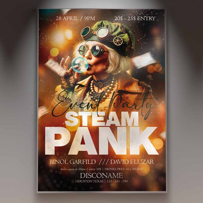 Intricate steampunk flyer design with gears, cogs, and Victorian elements.