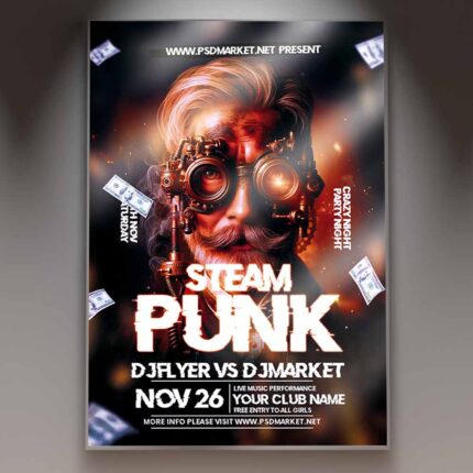 Steampunk party flyer featuring Victorian clockwork gears, mechanical elements, and a vintage aesthetic.