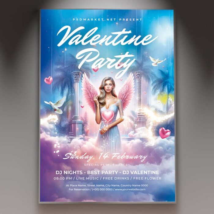 Valentine’s Day flyer featuring heart shapes and romantic elements, perfect for promoting a celebration.
