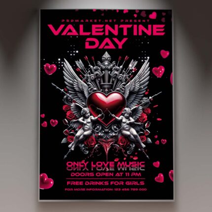 Romantic Valentine's Day party flyer with heart motifs and elegant typography.