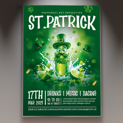 Saint Patrick's Day flyer with beer mugs and shamrocks.
