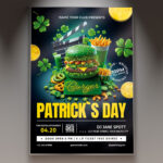 Burger-themed St. Patrick’s Day flyer featuring shamrocks and leprechaun with vibrant green and burger imagery.