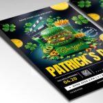 Editable flyer template for Burger Patrick’s Day event with Irish-themed graphics and delicious food visuals.