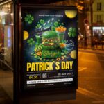 St. Patrick’s Day flyer showcasing burgers, green tones, and festive elements for a holiday event.