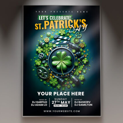 St. Patrick's Day event flyer featuring shamrocks and green accents.