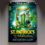 St. Patrick’s Day flyer with leprechauns, shamrocks, and green-themed decorations.