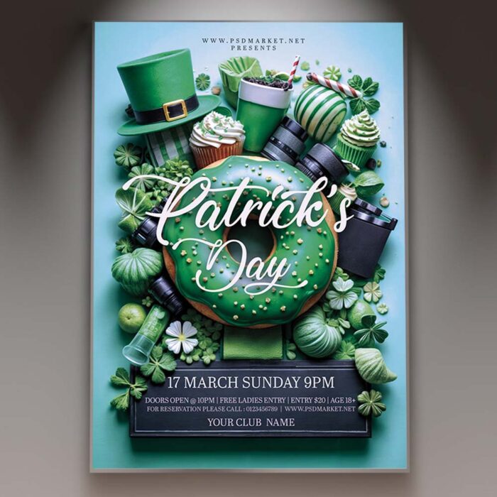 Patrick’s Day flyer design featuring shamrocks, leprechaun hats, and festive green colors.