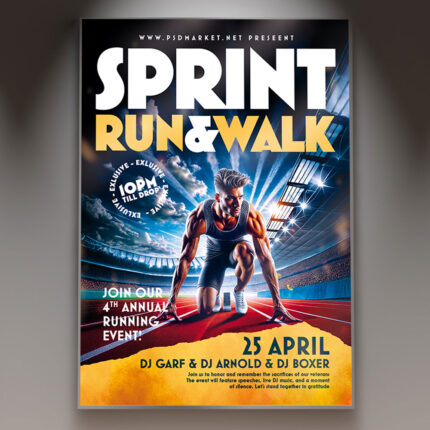 Run walk flyer with energetic design showcasing vibrant colors and bold typography.