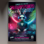 Vibrant club Easter event flyer design with colorful Easter eggs and flowers.