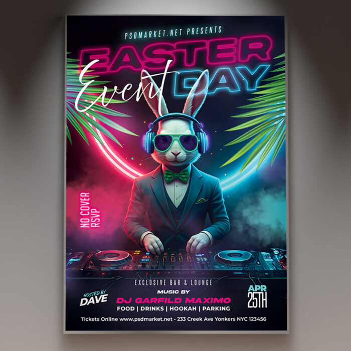 Vibrant club Easter event flyer design with colorful Easter eggs and flowers.